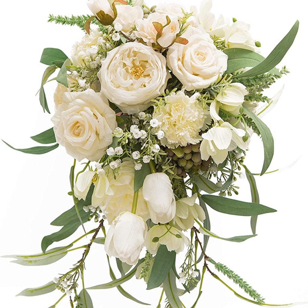 BENCENTRE 12" White & Greenery Wedding Bouquet Fabric Austin Rose Mix Artificial